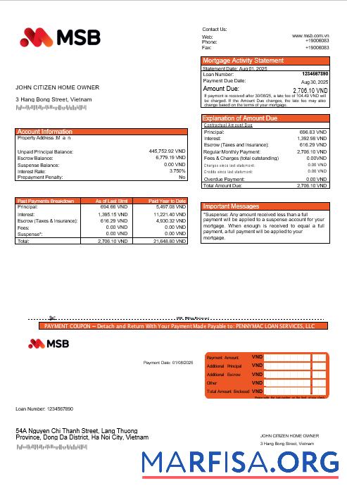 Blank Vietnam MSB Bank mortgage statement in Word and PDF formats real example
